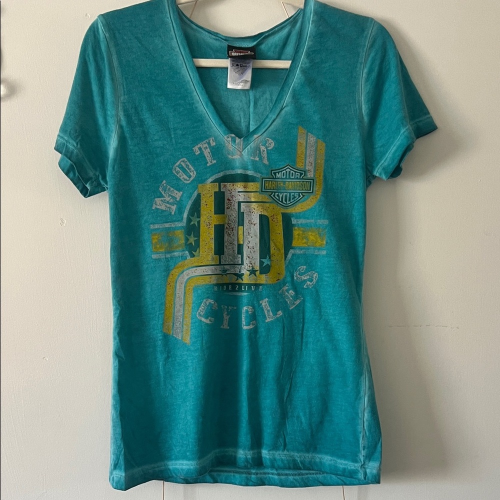 Harley-Davidson Women's Teal V-Neck Tee with Gold Accents
